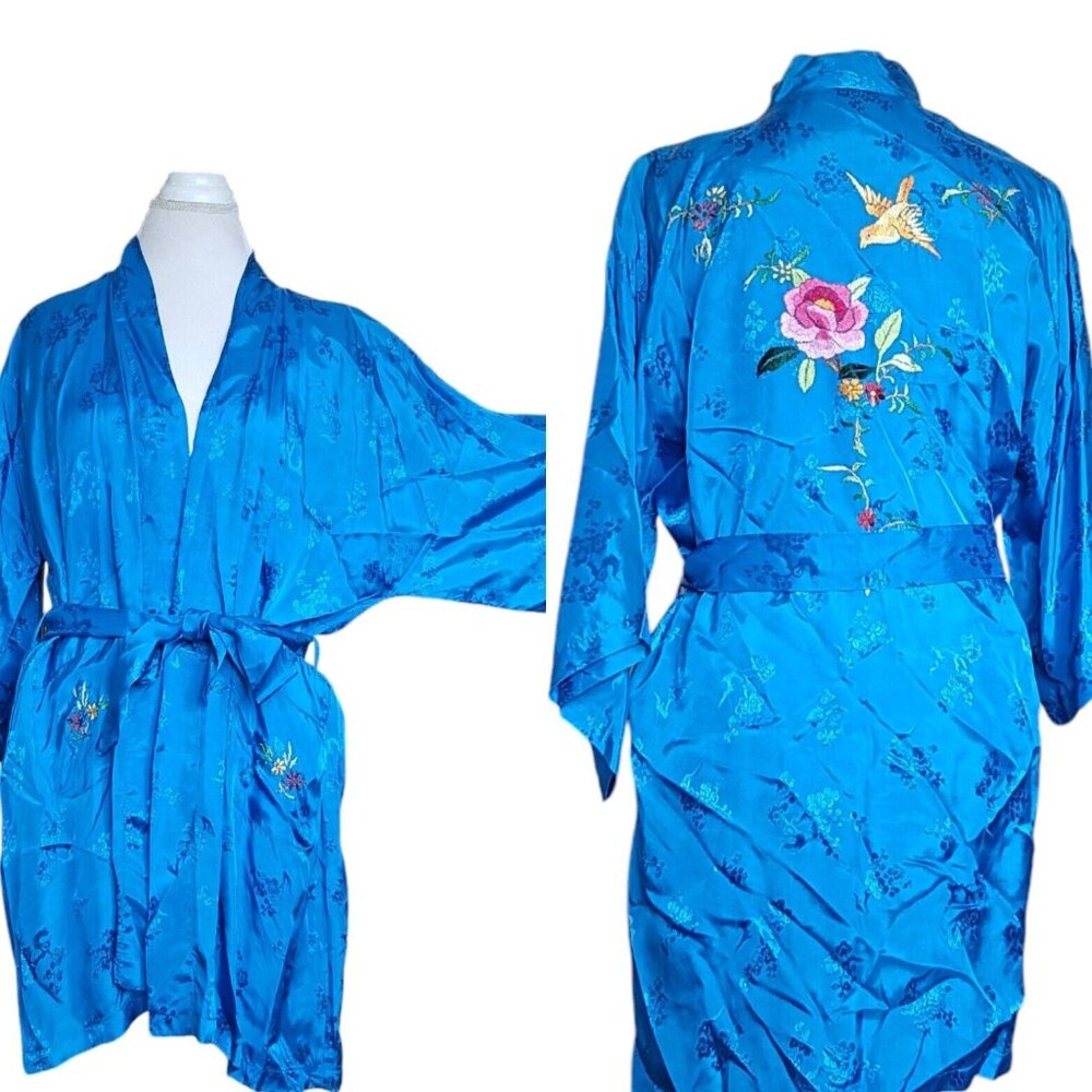 Vintage Chinese Kimono Robe‎ M Satin Blue Embroidered Flowers Bird Bed Jacket